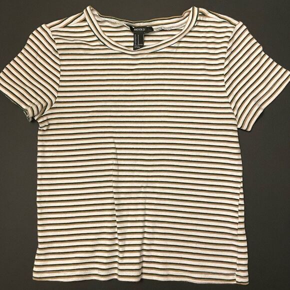 ⭐️5/$25 Forever 21 White striped crop tee size Medium - Picture 1 of 3